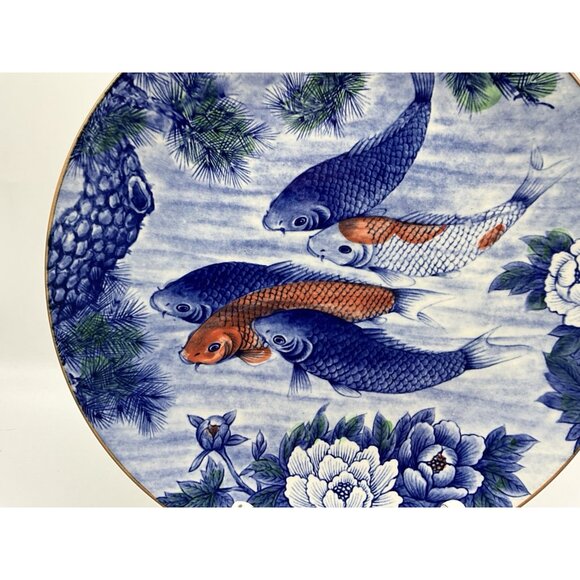 Japanese Vintage Koi Fish and Lotus Blue 12" Charger/Small Platter Collectible - Picture 8 of 14